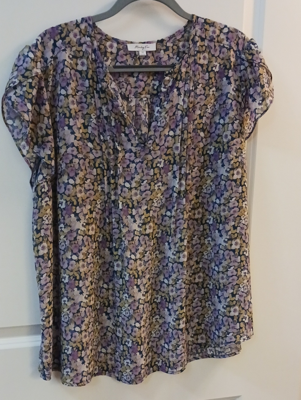 Monday Fun Purple Floral V-Neck Flutter Sleeve Top
